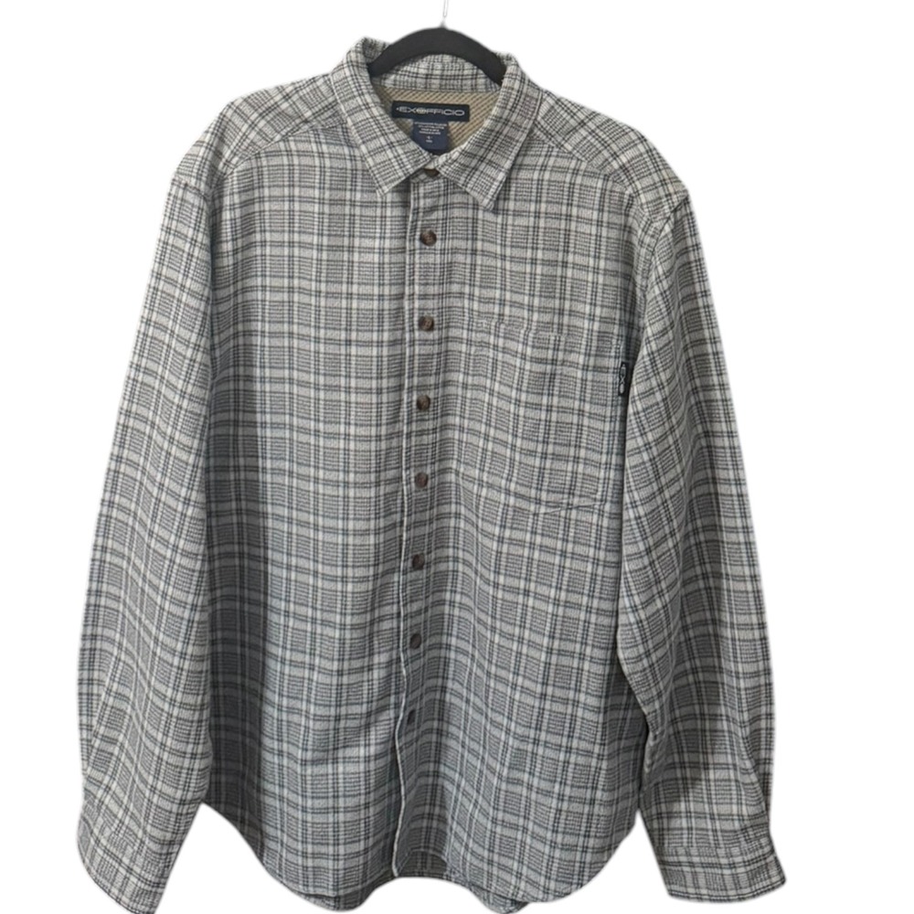 ExOfficio Mens Large Plaid Button Down Shirt Gray White Long Sleeve Hiking